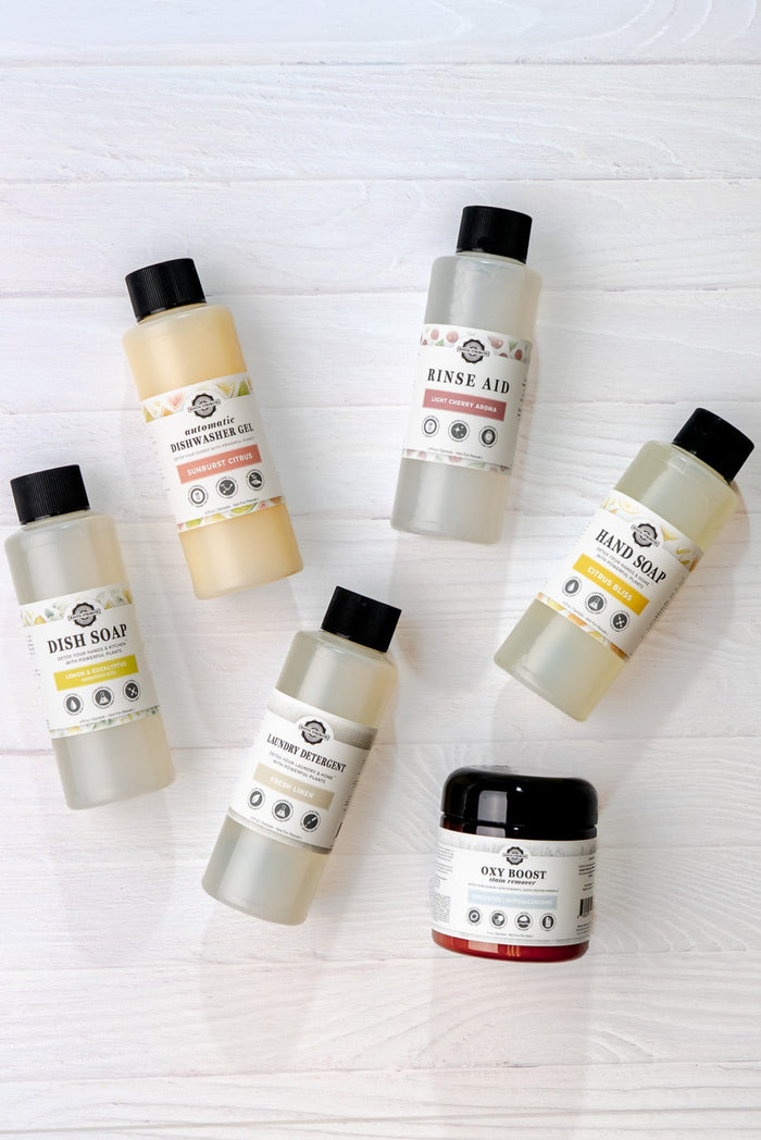 Rustic Strength - Cleaning Sample Set with one 4oz container of each of the following: Lemon Eucalyptus Dish Soap, Lavender Lemon Hand Soap, Fresh Linen Laundry Detergent, Sunburst Citrus Dish Gel, Oxy Boost Stain Remover, and Light Cherry Rinse Aid