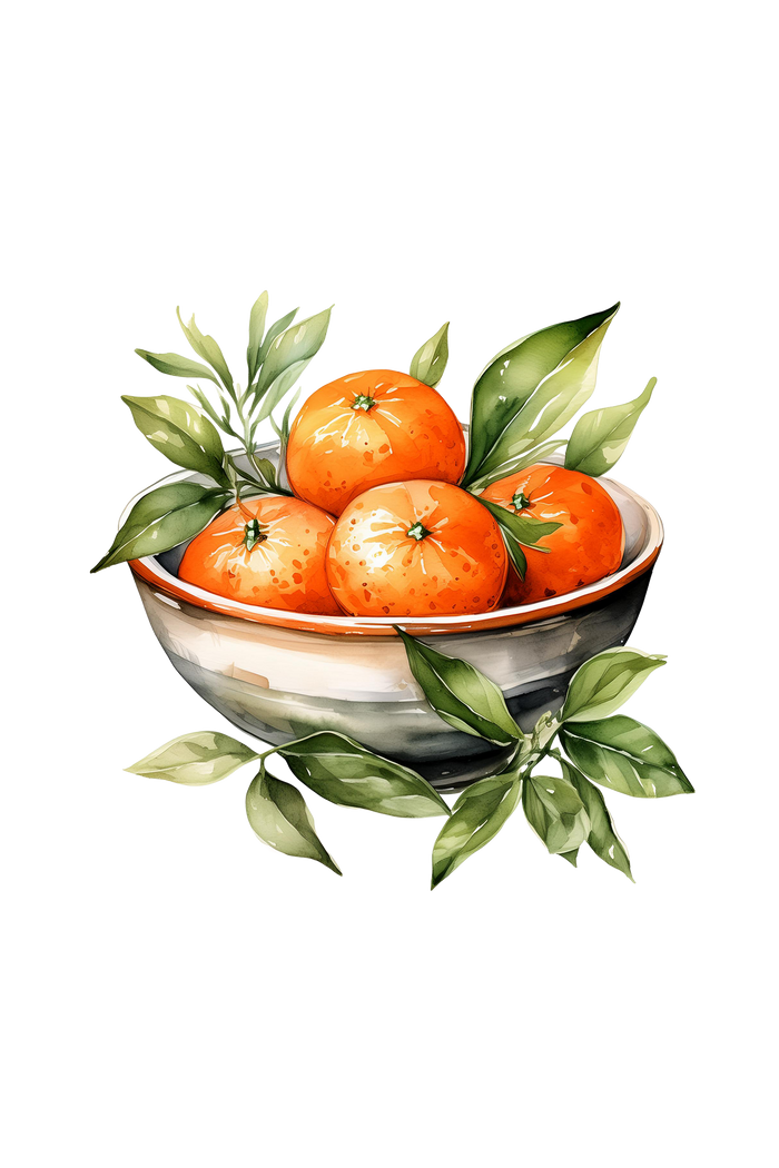 Rustic Strength - botanical watercolor image of clementines in a bowl with cut citrus leaves, representing Clementine scent