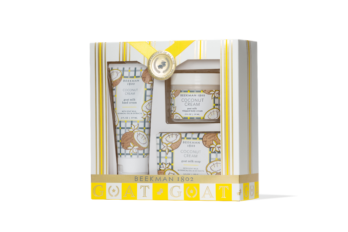 Beekman 1802 gift set with lotion and soap on a white background
