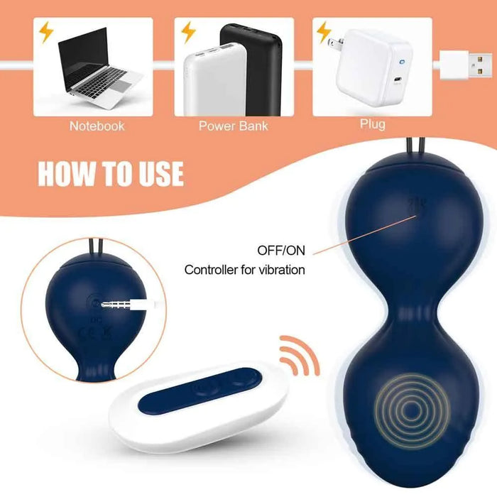 Blue Kegel ball vibrator with remote control, charging via USB, labeled usage instructions.
