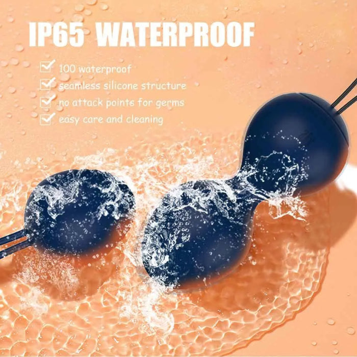 Waterproof silicone kegel ball vibrator for women in water, seamless structure shown.