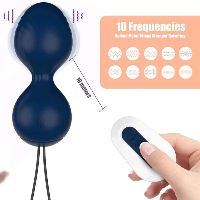 Blue kegel ball vibrator with wireless remote, showing 10 vibration frequencies and 10-meter range.