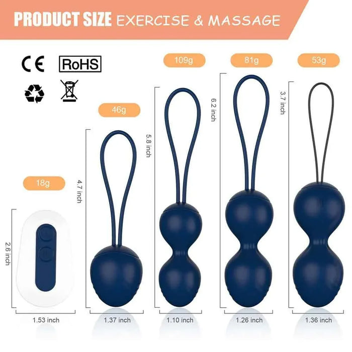 Blue kegel exercise balls set with remote, showing different sizes and weights for pelvic floor training.