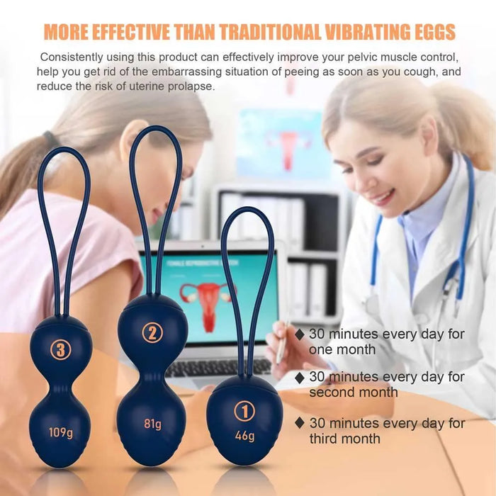 Three blue kegel ball exercisers with weights and loops displayed in a clinical setting with women and doctor, pelvic floor muscle training focus.