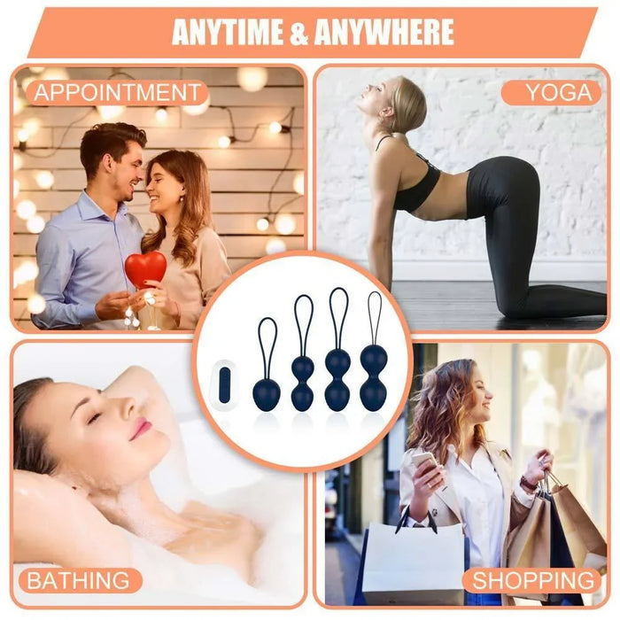 Black kegel ball set with remote, shown for use during yoga, bathing, shopping, and dates.