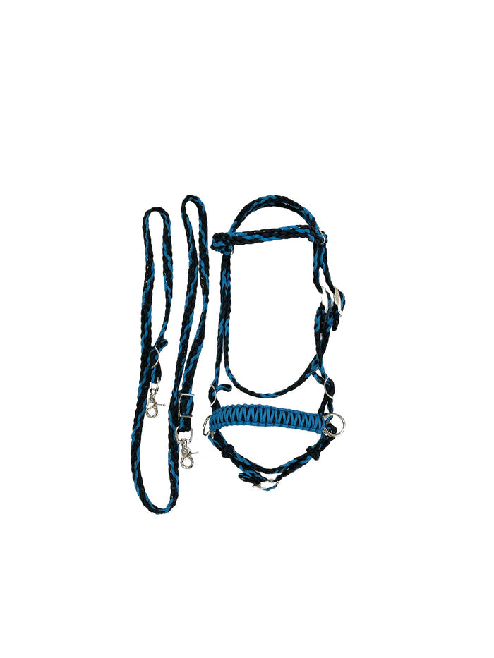 complete bitless bridle side pull hackamore carribean blue and black....pony, Cob, Horse. or Draft horse size