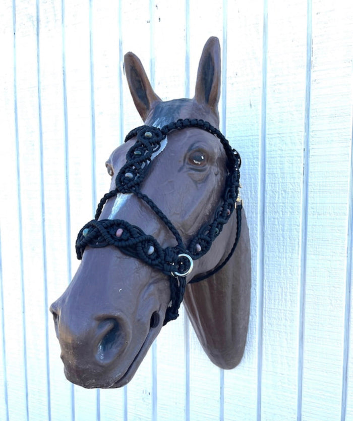 complete Bitless bridle side pull hackamore in baroque style with Indian agate gemstones - Tiffanys Braided Tack LLC