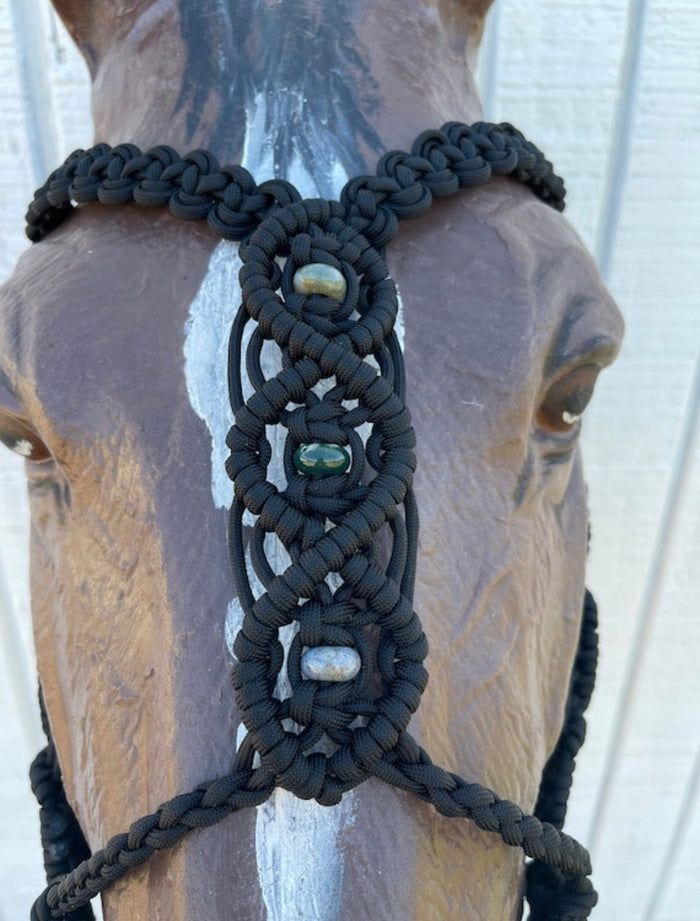 complete Bitless bridle side pull hackamore in baroque style with Indian agate gemstones - Tiffanys Braided Tack LLC