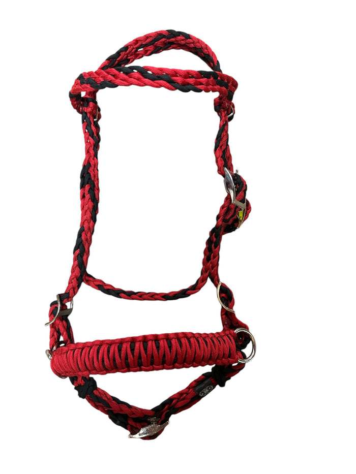 complete bitless bridle side pull red and black with flat reins …pony, Cob, Horse or Draft horse size (you pick your size) - Tiffanys Braided Tack LLC