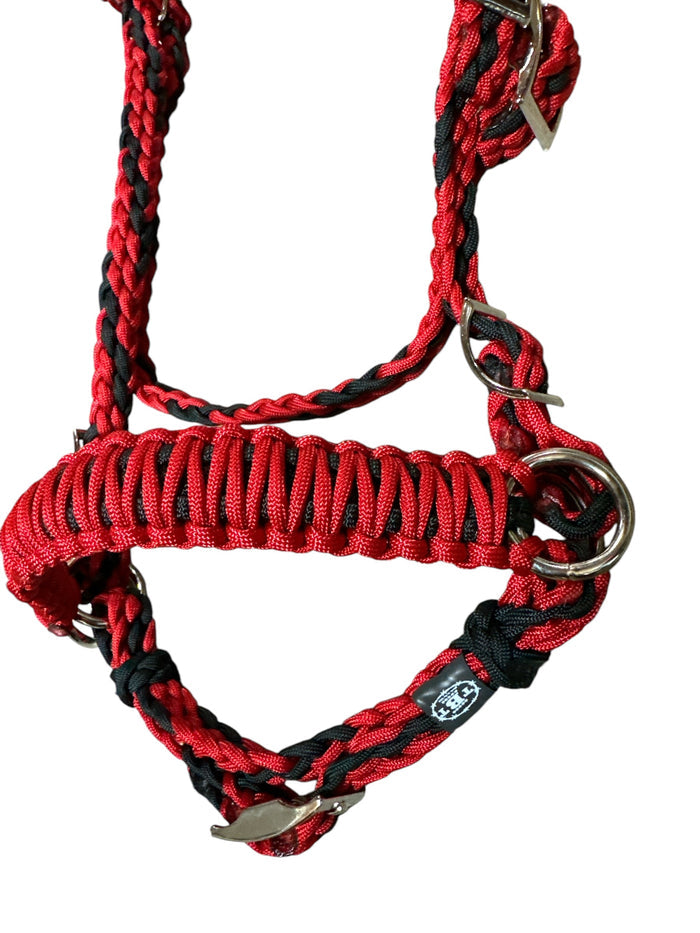 complete bitless bridle side pull red and black with flat reins …pony, Cob, Horse or Draft horse size (you pick your size) - Tiffanys Braided Tack LLC