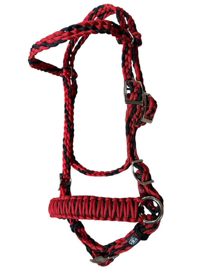 complete bitless bridle side pull red and black with flat reins …pony, Cob, Horse or Draft horse size (you pick your size) - Tiffanys Braided Tack LLC