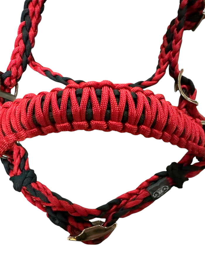 complete bitless bridle side pull red and black with flat reins …pony, Cob, Horse or Draft horse size (you pick your size) - Tiffanys Braided Tack LLC