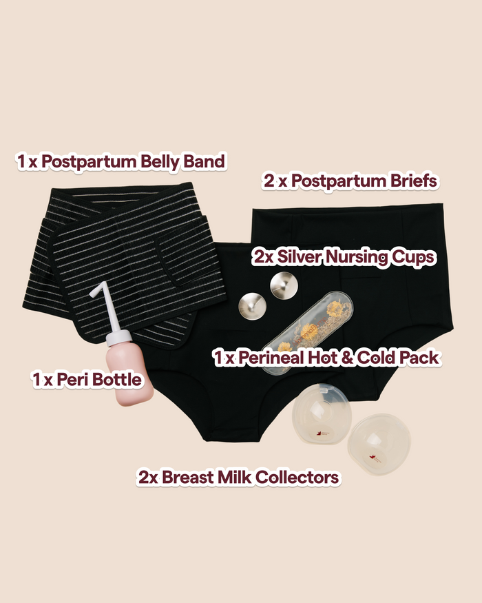MammaBump Complete Postpartum Recovery Bundle contents in black: postpartum belly band, two soothing briefs, peri bottle, perineal hot and cold therapy pack, silver nursing cups, breast milk collectors