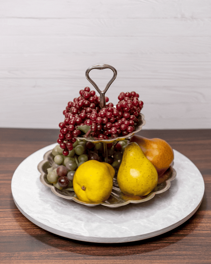 Rustic Strength, Concrete Lazy Susan, white 15" diameter spinning with fruit