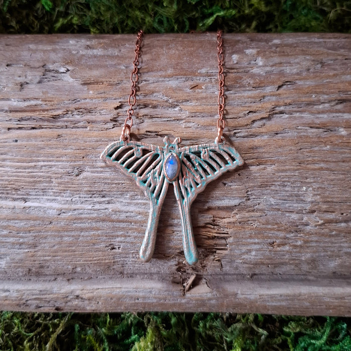 Copper Moonstone Luna Moth Necklace