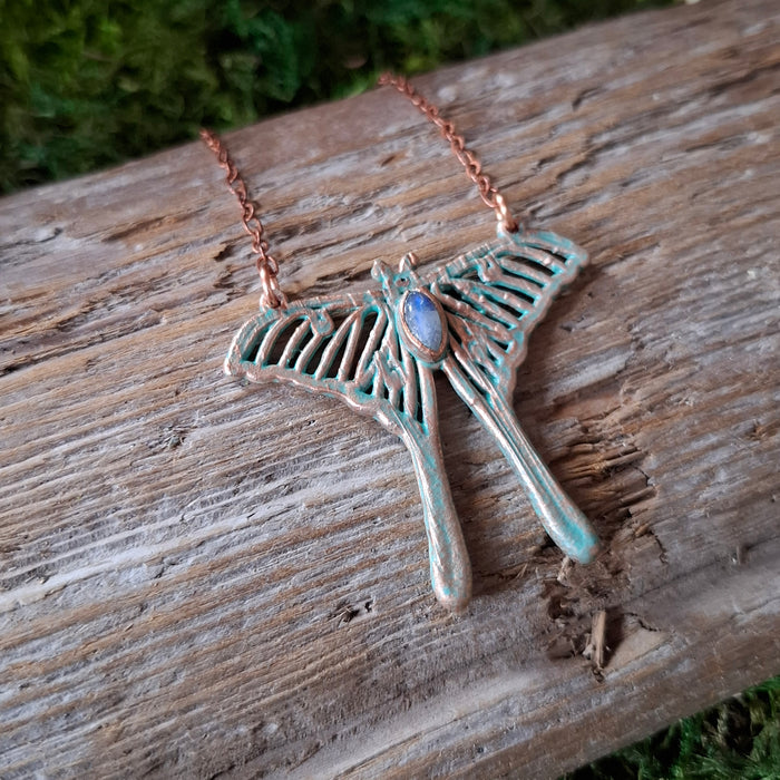 Copper Moonstone Luna Moth Necklace