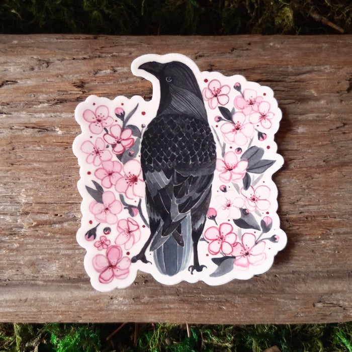 Crow and Cherry Blossoms Vinyl Sticker