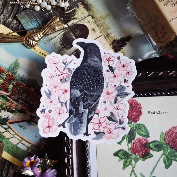 Crow and Cherry Blossoms Vinyl Sticker