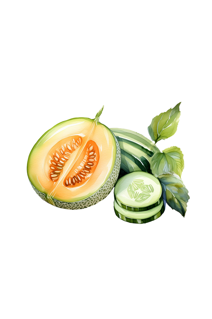Rustic Strength - botanical watercolor image of an open half of cantaloupe melon next to cucumber slices, representing Cucumber Melon scent