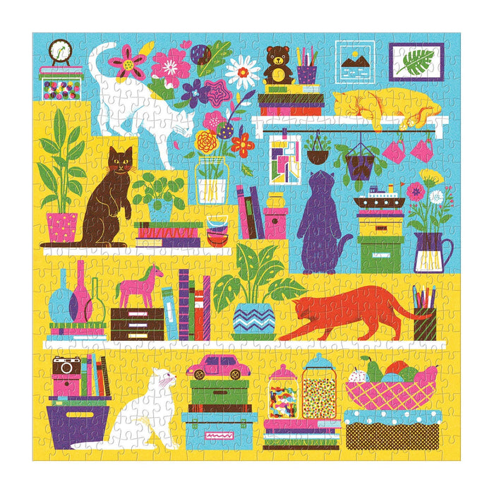 Multicolored puzzle featuring cats and bookshelves