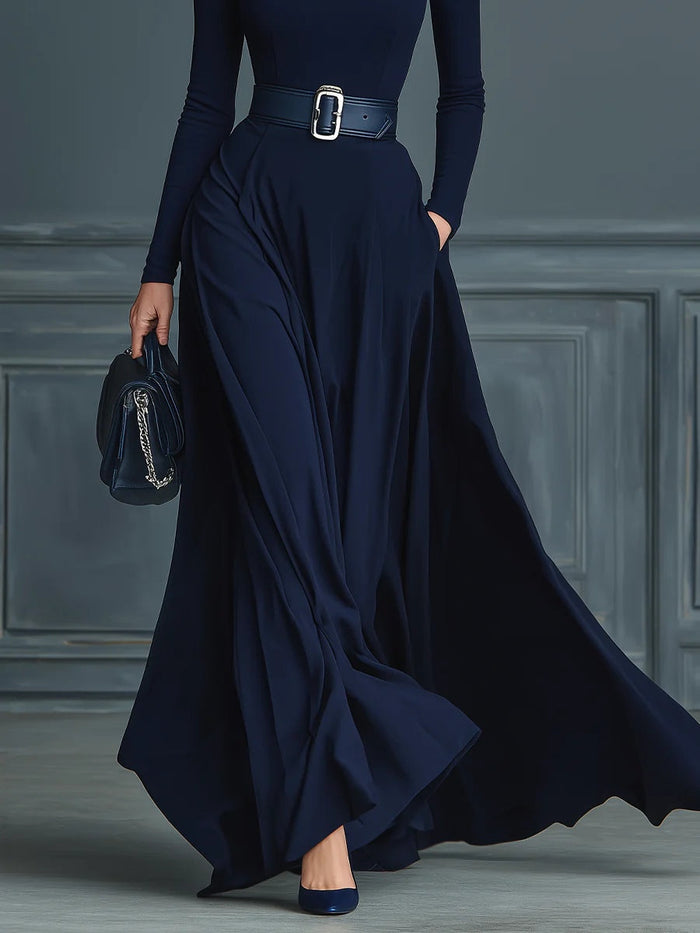 Dark Blue Knitted High-neck Dress