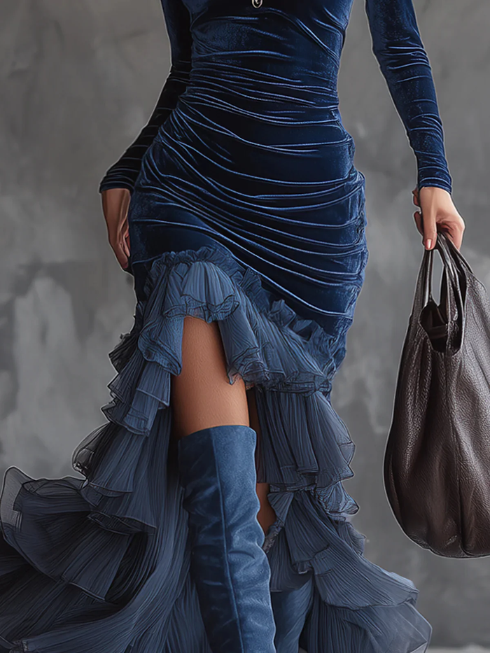 Dark Blue Velvet Pleated Ruffled Maxi Dress