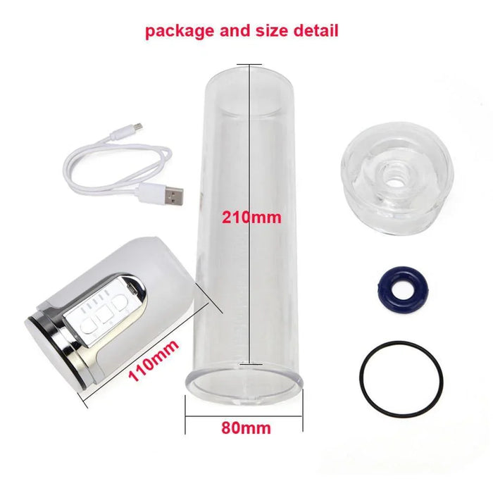 Rechargeable transparent male vacuum pump kit with USB cable, cylinder, and accessories