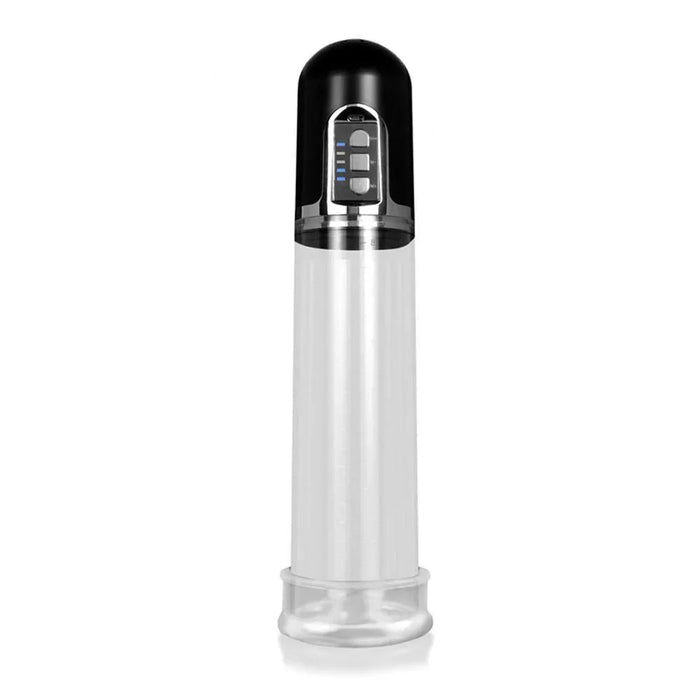 Automatic clear male vacuum pump with digital display and black top, adult wellness device