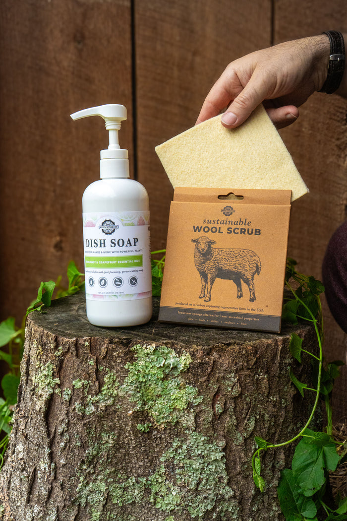 Rustic Strength, Dish Soap + Wool Scrub Set showing Bergamot and Grapefruit Dish Soap