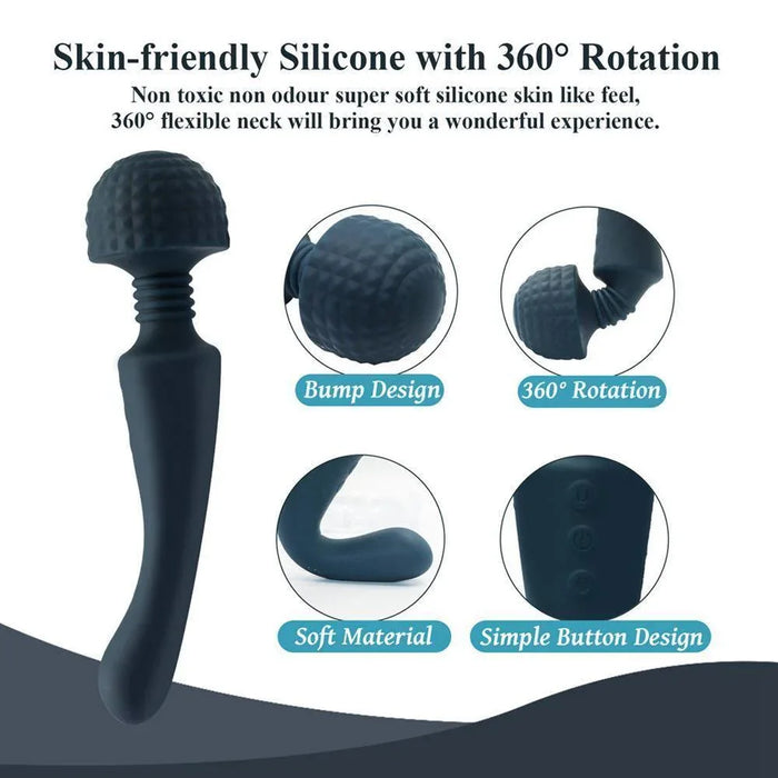 Black double-headed silicone massager with textured bumps, 360° rotation, and simple buttons