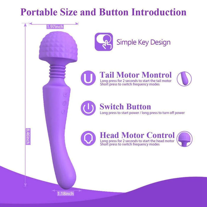 Purple double-head vibrating wand massager with control buttons, size and usage instructions shown.