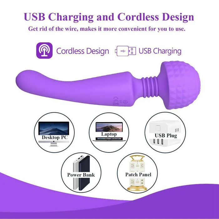 Purple double-head cordless wand massager with USB charging, power source icons displayed.