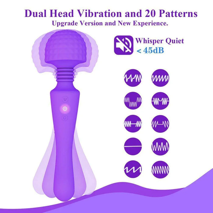 Purple dual head vibrating wand massager with 20 vibration patterns, whisper quiet feature.