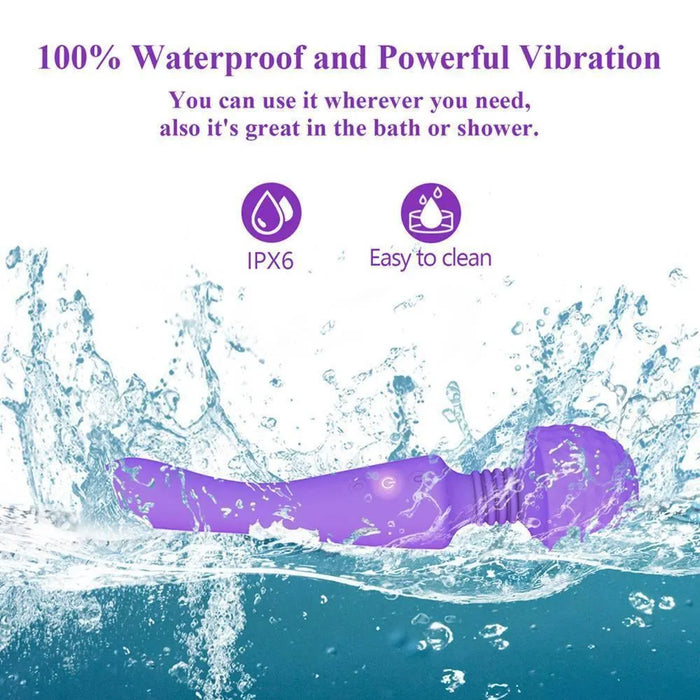 Purple double-headed waterproof wand massager splashing in water, IPX6 and easy to clean
