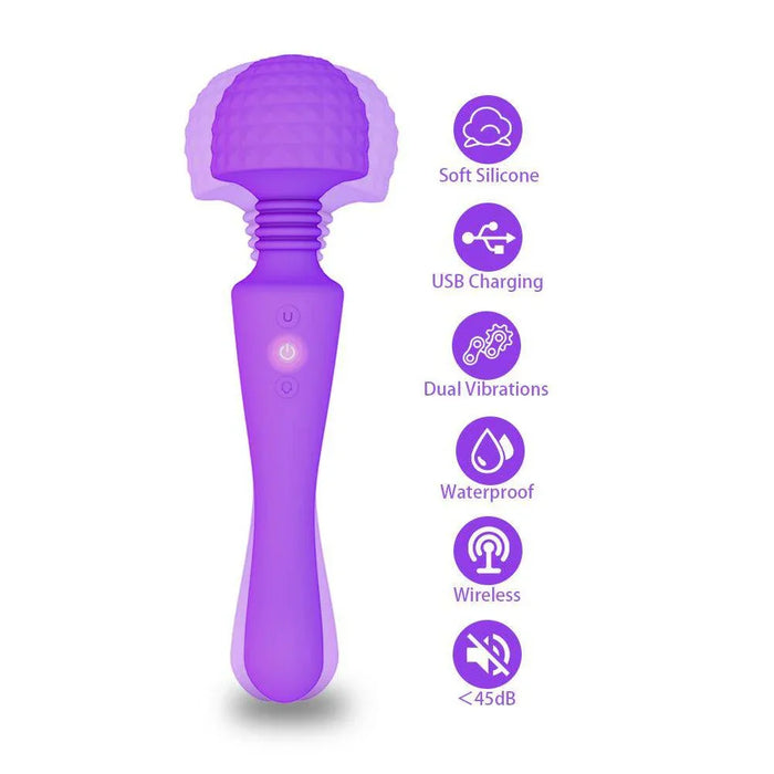 Purple double-head vibrating wand massager with soft silicone, USB charging, dual vibration, waterproof, wireless, and quiet features displayed.
