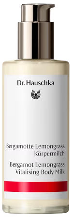 Dr. Hauschka Bergamot Lemongrass Vitalising Body Lotion bottle, 145ml, with fresh citrus and herbal scent, on a neutral background.