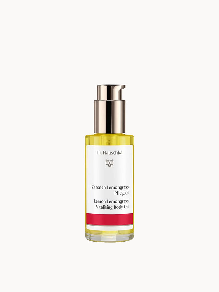 Dr. Hauschka Lemon Lemongrass Vitalising Body Oil bottle with label, showcasing the 75ml size and natural ingredients.