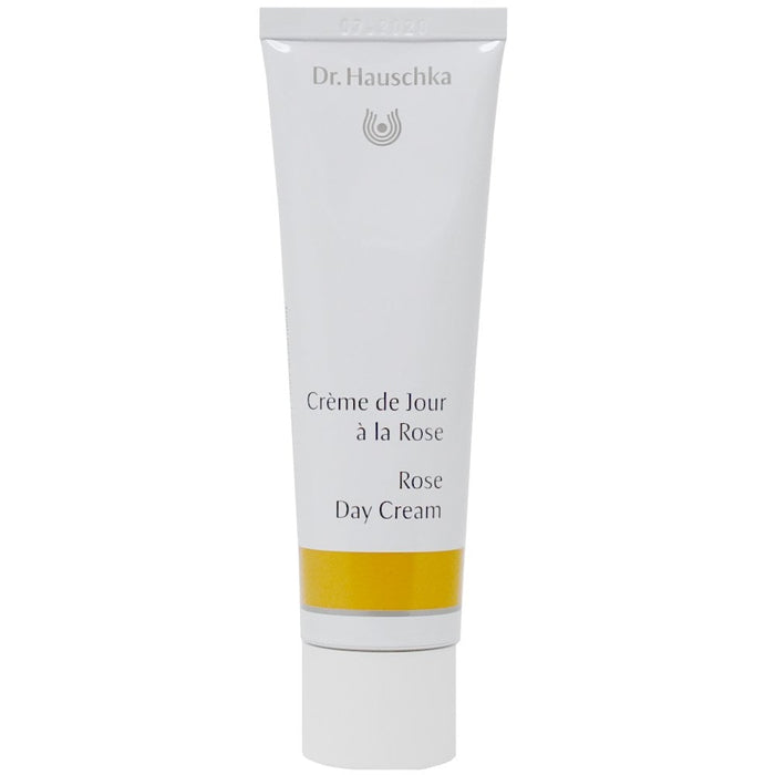 Dr. Hauschka Rose Day Cream 30ml moisturizer in a white jar, designed for sensitive skin, with rose extract visible in the image.