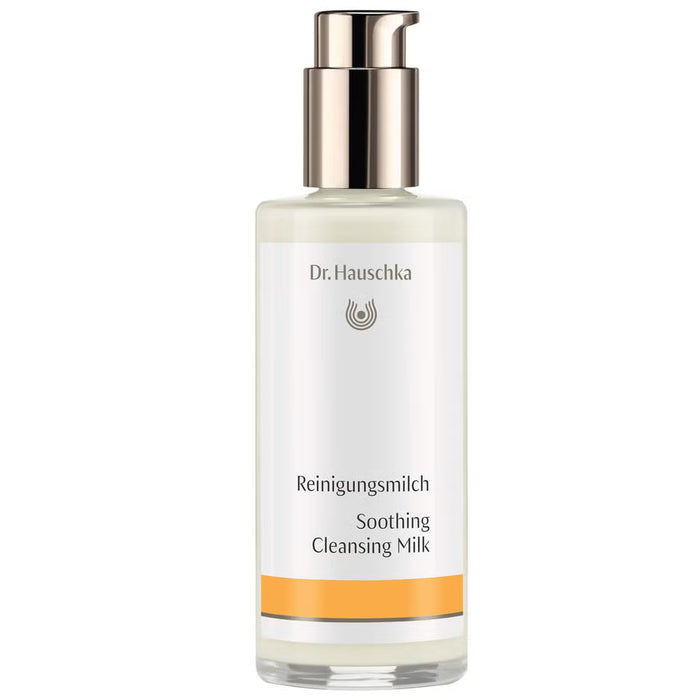 Dr. Hauschka Soothing Cleansing Milk in a 145ml bottle, gentle facial cleanser with a soft, creamy texture and calming ingredients.