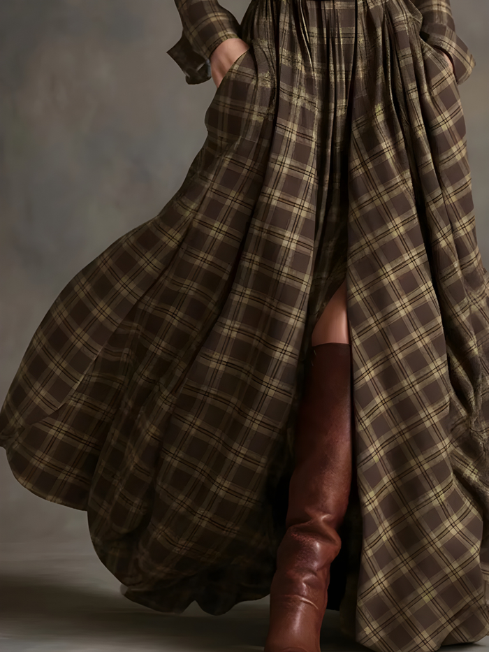 Elara™ Plaid Button-Front Maxi Dress