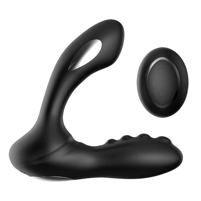 Black electric prostate massager with remote control, sleek silicone design