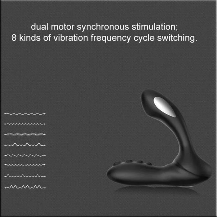 Black prostate massager with curved design, dual motors, and 8 vibration modes on dark background.