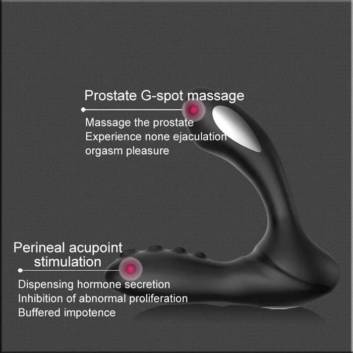 Black electric prostate massager for men with labeled prostate and perineal stimulation zones