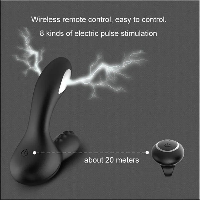Black prostate massager with remote control, featuring electric pulse stimulation and wireless range