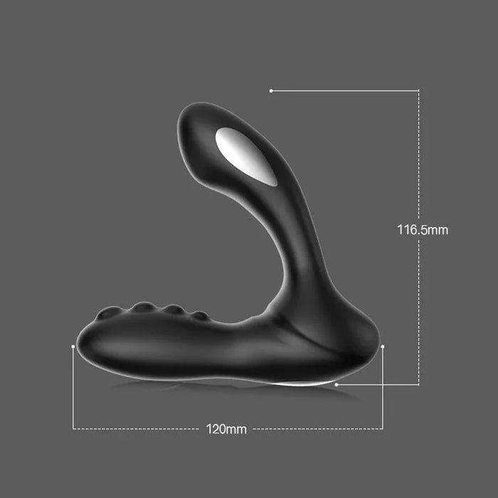 Black electric prostate massager for men with ergonomic design, 116.5mm by 120mm measurements