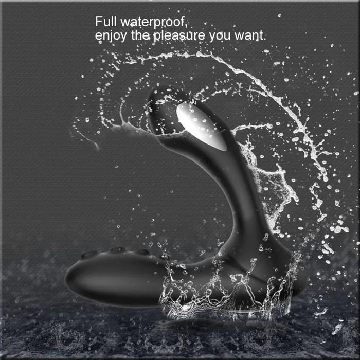 Black waterproof prostate massager for men with water splash effect on dark background