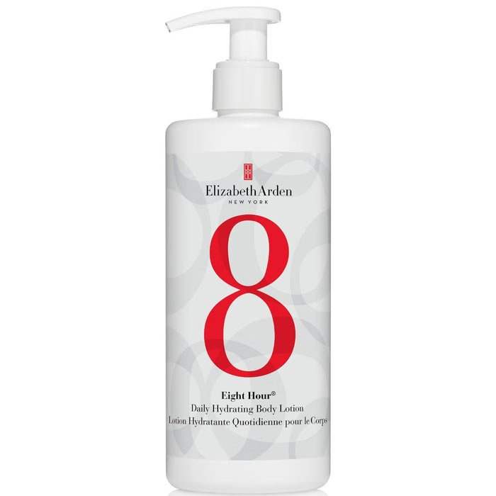 Elizabeth Arden Eight Hour Daily Hydrating Body Lotion 380ml, creamy lotion in a white bottle with pump dispenser.