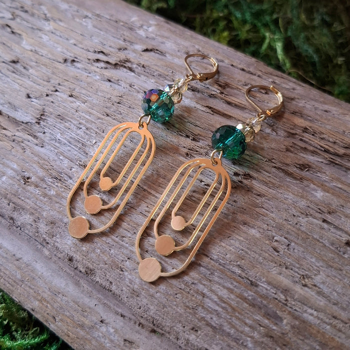 Emerald Deco Brass Earrings
