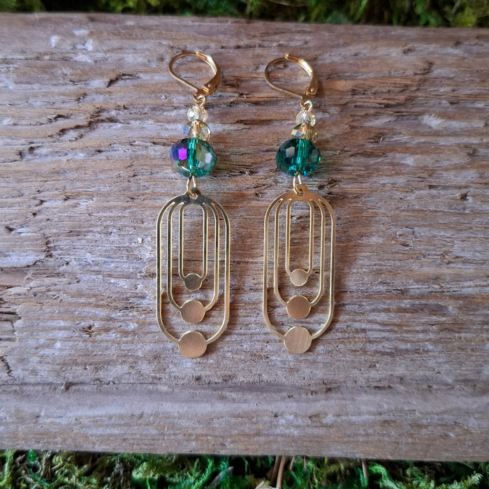 Emerald Deco Brass Earrings