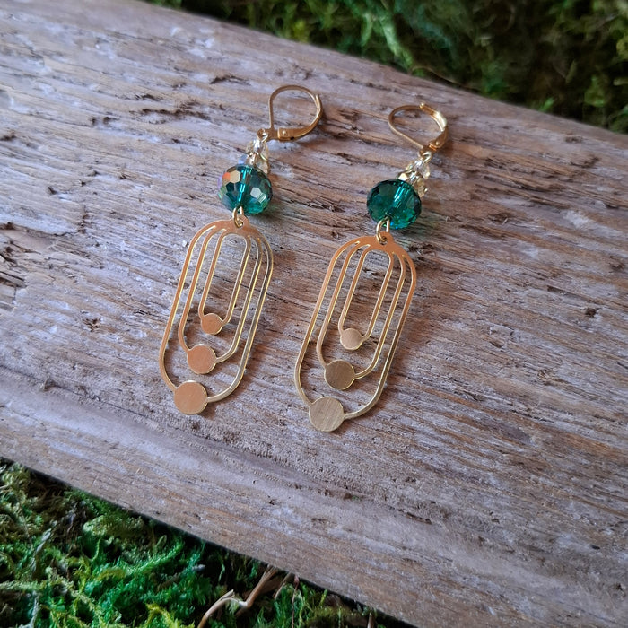 Emerald Deco Brass Earrings